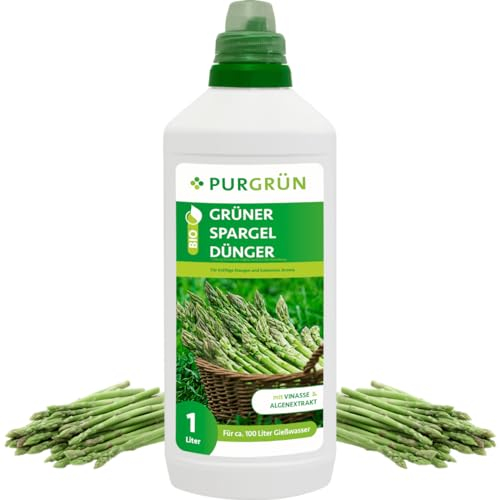 Purgrün® Bio-Grüner-Spargel-Dünger 1 Liter – Organische Rezeptur – Premium-Flüssigdünger – NPK 4+1+7 – Mit Algenextrakt & Vinasse – Extra Kalium für kräftigen & festen Spargel