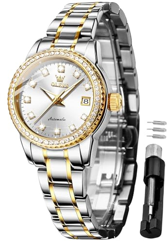 OLEVS Orologio da polso da donna meccanico automatico, di lusso, classico, a carica automatica, in acciaio inox, orologio da polso da donna (oro/blu/nero/quadrante bianco), L7003: cinturino bicolore e