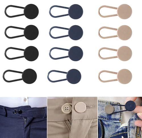 12 Stück Knopfverlängerung für Hosen, Hosenbunderweiterung, Verstellbarer Hosenknopf Verlängerung für Herren- und Damenhosen, Kleider, Hemden (Schwarz, Blau, Khaki)