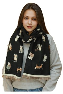 Sumato Scarf for Women Fall Winter Shawl Wraps Long Women Scarves Warm Soft Cashmere Feel Classic Cat Style Black