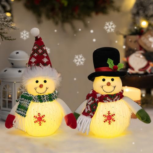 Decoración navideña de muñeco de nieve, 2 unidades, figuras de Navidad, muñeco de nieve con luz LED, decoración de Navidad, para interior pequeño, muñeco de nieve, figura de muñeco de nieve,