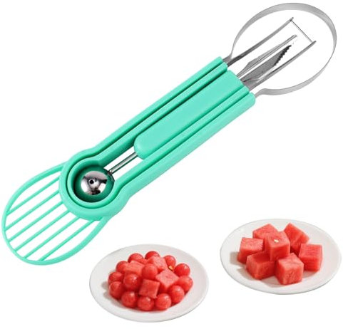 Watermelon Cutter Slicer Tool, Plastic Stainless Steel Knife Melon Baller Scoop Set Practical Kitchen Scooper Gadget Kit for Making Juice Fruit Salad Creative Fruit Presentation (Green)
