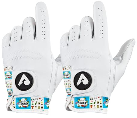 ASTUR Gants de golf 2 Pack Gant de golf en cuir Cabretta pour homme main gauche Design unique charismatique imprimé au poignet (GOLF D'ÉTÉ, S)