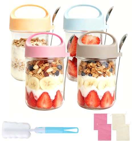 DIYJEP Overnight Oats glas med lock och sked, återanvändbara, müsli to go, 410 ml havregrynsgryta, yoghurtmuggar, för hemlagad flingor, sallader, sylt | Återanvändbara glasburkar, 410 ml övernattningsglas för yoghurt, flingor, sallad, sylt, frukost att gå