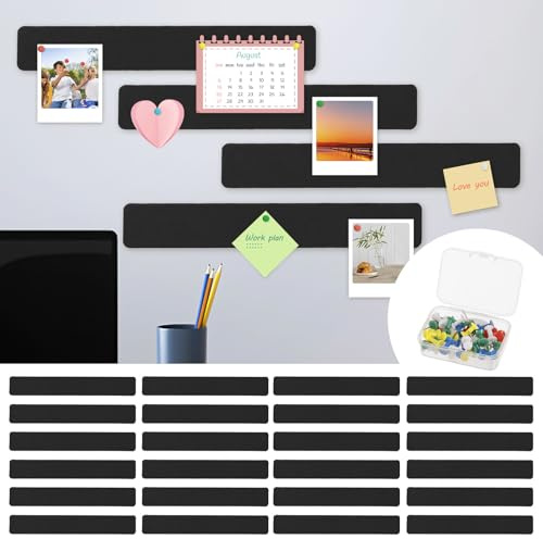 24 stycken filtanslagstavla självhäftande med 25–30 spikar, anslagstavla bar 33 x 5 cm remsor att hänga upp foton scheman bulletins kalender nyckelörhängen (svart)