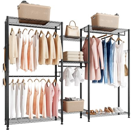 VEVOR Clothing Garment Rack, Heavy Duty Closet Wardrobe, 7 Adjustable Tiers Clothes Racks with Steel Frame, 385.5 kg Load Capacity Clothes Rack with 4 Hanging Rods for Bedroom, Clothing Store, Hallway