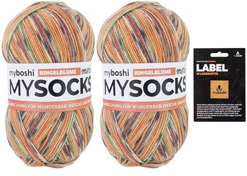 myboshi mysocks Merino, extra weiche 4-fädige Merino-Sockenwolle, filzfrei, strapazierfähig, 100g, 420m, inkl. Label, 75% Schurwolle, 25% Polyamid, Orange (Ringelblume) 2 Knäuel