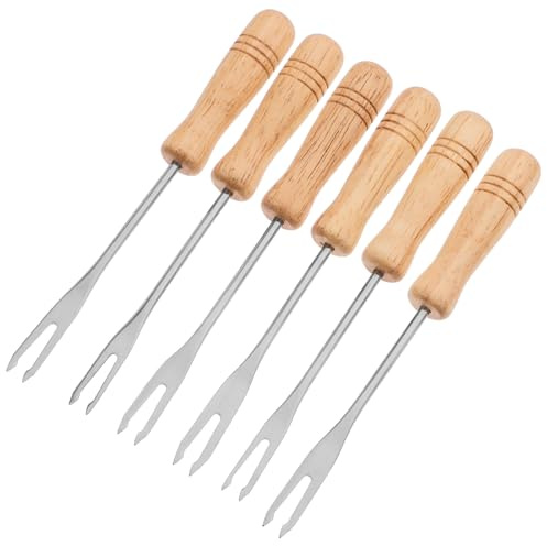 TIKODIDA Forchette Fonduta Inox 6 Pezzi Manico Legno Antiscivolo, Mini Forchettine per Fonduta di Cioccolato, Frutta e Mais, per Cucina e Buffet