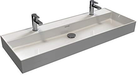 Aqua Bagno lavabo doppio 120 cm di larghezza, lavandino doppio in ceramica bianca lucida, lavabo rettangolare con due fori per rubinetto, montaggio a parete o combinazione con mobile da bagno moderno