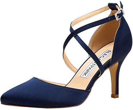 ELEGANTPARK HC1901 Navy Blue Heels for Women Closed Toe Wedding Shoes for Bride Pointed Strappy High Heel Bridal Shoes Pointy Satin Evening Prom Dress Pumps US 8