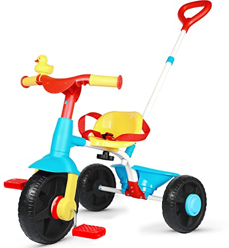 KRIDDO 2 in 1 Kids Tricycles Age 18 Month to 3 Years, EVA Wheels Upgraded, Gift Toddler Tricycle, Trikes for Toddlers 2 to 3 Year Old with Push Handle and Duck Bell (Classic, EVA Wheel)