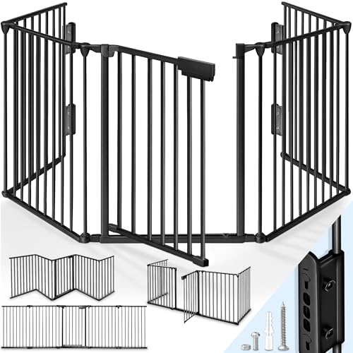 KIDUKU® Barrera de Seguridad 360 cm para Niños y Mascotas | Reja de Protección de Metal - Premontado | Rejilla Protectora Metálica Plegable con Puerta | 6 Paneles