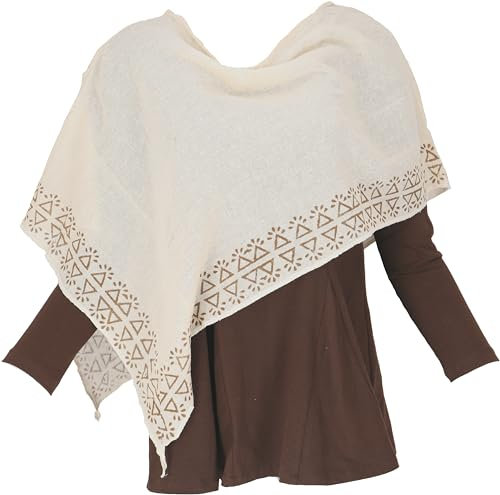 GURU SHOP Lagenlook Poncho, Bedruckter Leichter Poncho, Unikat Pixi Poncho - Cremeweiß, Damen, Baumwolle