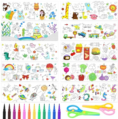 Rebanky 10 Rolle Zeichenrolle für Kinder 30cm*90cm Graffiti Roll zum Ausmalen Schneidbare Zeichenrolle Kinder zum Ausmalen Maltischdecke Papierrolle Malen Rolle mit Aquarellstift, Schere