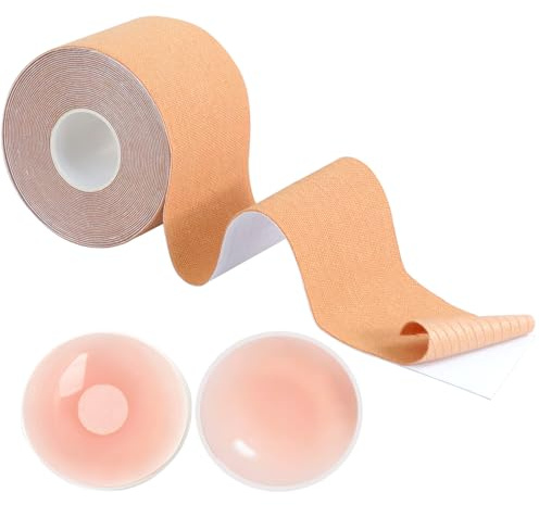 Hanyousheng Bande Soutien Gorge Adhesif, Boob Tape, Soutien Gorge Invisible Adhésif Invisible, Bodytape avec 1 Paires Couvre-tétons, Gel de Silice Breast Lift Tape pour Bonnet AE Gros Seins