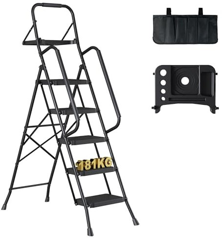 BONTEC Escalera Plegable de 5 Escalones con Bolsa y Bandeja, Pedales Anchos Antideslizantes, hasta 150 kg, con Pasamanos para Cocina, Despensa, Armarios y Garaje, Negra