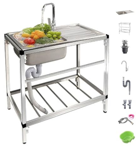 BRCYKRWY Lavello In Acciaio Inox Autoportante Esterno A Libera Installazione Cucina Commerciale Lavello Con Rubinetto E Ripiani Di Stoccaggio Con Banco Da Lavoro Per Ristorante Garage Lavanderia