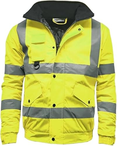 ANZEE Mens Hi Vis Bomber Jacket - High Visibility Waterproof Safety Security Workwear Reflective Tape Two Tone Warm Winter Zipper Pockets UK S-3XL (UK, Alpha, XL, Yellow)