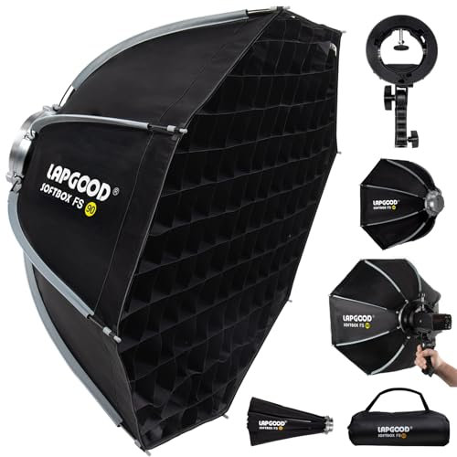 LAPGOOD FS90 Softbox 90 cm Softbox, Caja de Luz Plegable de Liberación Rápida con Rejilla de Panal, Soporte de Flash Tipo S, Soporte Bowens y Bolsa de Transporte, Caja Suave para Estudio