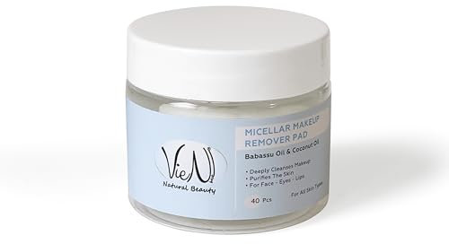 VIEN BEST NATURAL BEAUTY Micellar Makeup Remover Pad with Babassu Oil & Coconut Oil - Gentle & Effective Cleansing Pads for Face, Eyes & Lips Hydrating Pads Removes Makeup & Dirt - 40 Pcs.