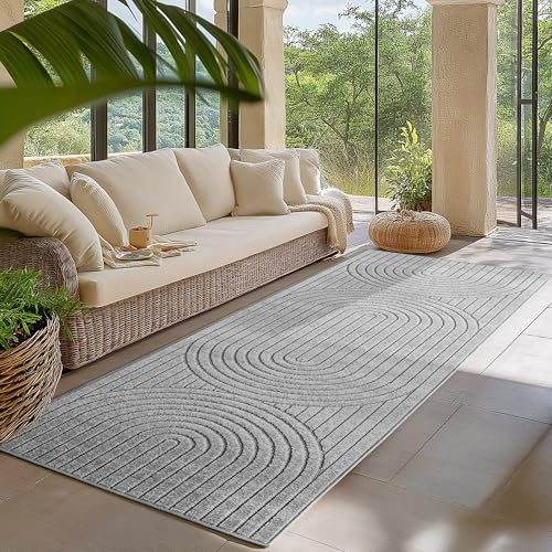 HomebyHome Alfombra para Salón, Dormitorio, Terraza - Pelo Corto Gris, Efecto Alto-Bajo, Suave y Lavable, Apta para Exterior, Fácil de Limpiar, 80x250 cm