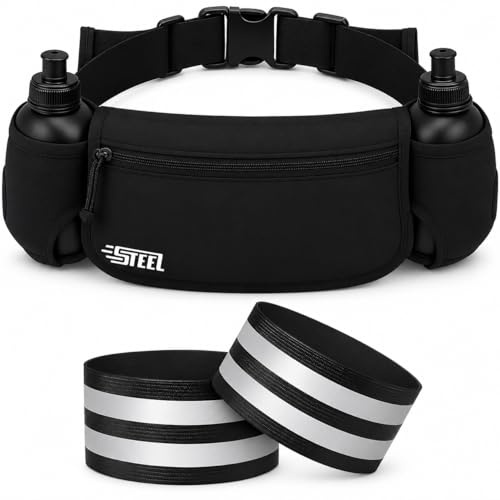 Cintura da corsa, Borsa Banana Sport Cintura con Portabottiglie Morbido Impermeabile Tasca Uomo Donna per Smartphone iPhone Samsung Galaxy, Comodo Jogging Footing (ALL BLACK (2 bracciali inclusi))