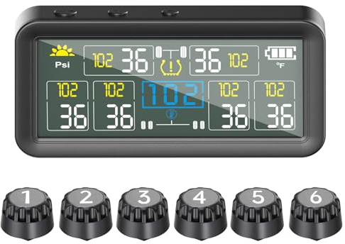 Shkalacar Système de Contrôle de la Pression des Pneus Companies Solaires, Système de Surveillance Automatique avec 6 Capteurs Externes LCD Afficher Automatiquement Une Alarme de