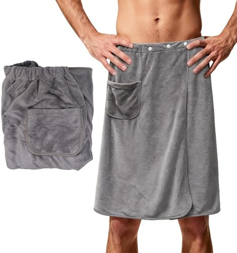 Toalla de sauna para hombre, grande, con botones a presión, 70 x 140 cm, ajustable, cómoda, altamente absorbente, para sauna, gimnasio, ducha y playa (gris)