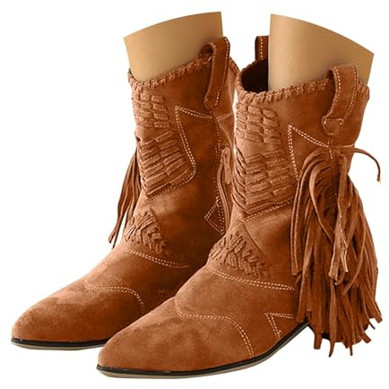 Xbemkste Bottes de cowboy pour femme avec pompons - Bottes classiques à tige centrale - Vintage - Bottes western - Bottes à franges - Bottes de cowboy décontractées pour femme - Bottes d'hiver, marron