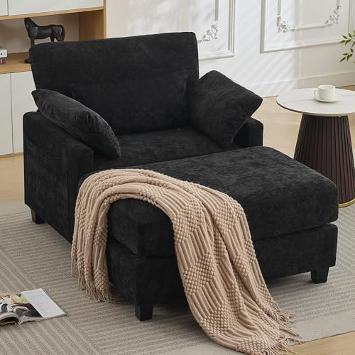 WUTUTUEE 57.5 Oversized Chaise Lounge with Ottoman Indoor, Oversized Reading Chair with Ottoman & Sofa Bed, Black Chenille Upholstered Comfy Sleeper Chair for Living Room, Bedroom, Office
