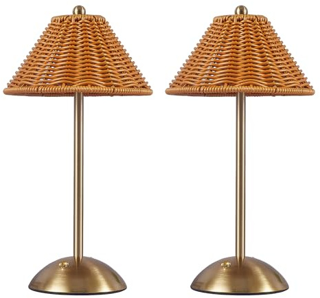 2 Pack Cordless Boho Rattan Table lamp,Wicker Lamp,LED Rechargeable Reading Lights,3 Colours Dimmable Touch Control Night Light for Bedroom Living Room Restaurant Lighting Bedside Lamps Home Decor