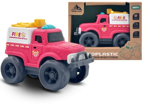 Cicili Juguete Camión de Bomberos de Bioplástico (Paja de Trigo) – Camión de Juego Ecológico para Niños ≥18 Meses, Camioneta Resistente y Reciclable, Juguete Camión de Bomberos Color Rosa
