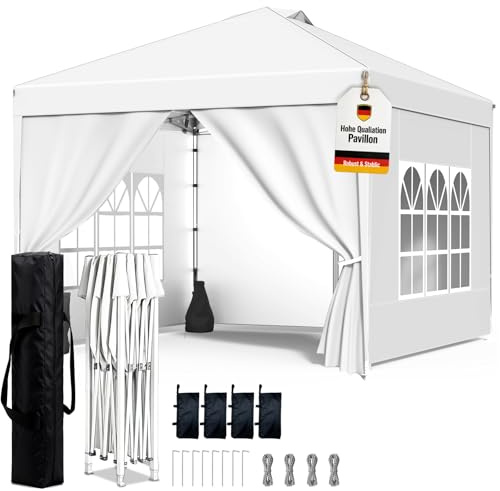 WoRaum Pavillon 3x3m Wasserdicht, PU1500mm Bespannung & Stahlgestell - Faltpavillon Winterfest mit Seitenschutz & One-Push Höhenverstellung - (Inkl. 4X Sandsack & Zubehör,Weiß)