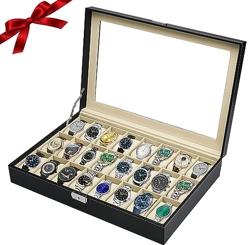 Artilife 24 Slot Watch Box for Men, Watch Cases for Men, Watch Display Case, Glass Top PU Leather Watch Storage Organizer with Removable Pillows for Him