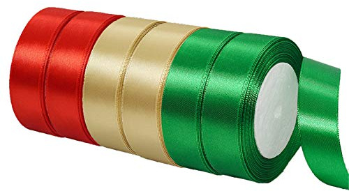 25mm Gold Red and Green Ribbon Thick Christmas Ribbon for Gift Wrapping 6 x 22m, 1 inch Gold Red and Green Satin Ribbon for Christmas Cake Xmas Present Wrapping Hair Bow Crafts Decorations