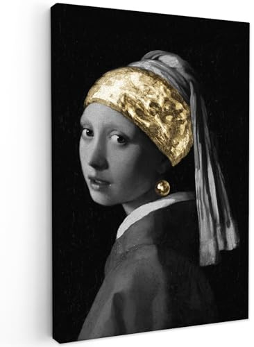 MuchoWow Leinwand Bilder, Einzigartige Wanddeko mit Rahmen, Mädchen mit einem Perlenohrring - Johannes Vermeer - Gold, Wandbilder Wohnzimmer, Deko Schlafzimmer 40x60 cm