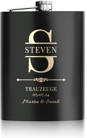 Personalisierter Flachmann Mit Gravur 227ml/8oz - Edelstahl Geschenk für Trauzeugen, Hochzeit und Junggesellenabschied (Schwarz)