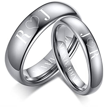FLHEART Personalised Couple Rings,Custom Engrave Name Tungsten Carbide Domed Plain Minimalist Band, His & Her Matching Promise Engagement Wedding Ring Set for Men Women,Gifts for Valentine's Day
