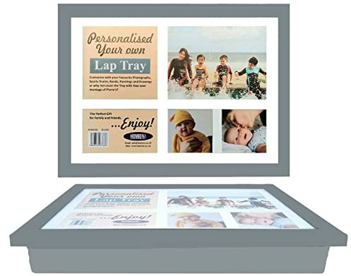 Personalised Wooden Lap Tray Breakfast, Food, Laptop Table with Bean Bag Soft Cushion Padded Compact in Gift Pack Wood Beanbag Support Tray Camping Caravan Bed Tray Photo Frame (Grey)