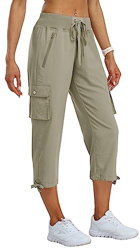 MoFiz Pantalon Cargo de Randonnée Femme Pantacourt d'été 3/4 Long Léger Capri Pantalon d'extérieur Respirant avec Poche Zippée Gris Kaki XXL