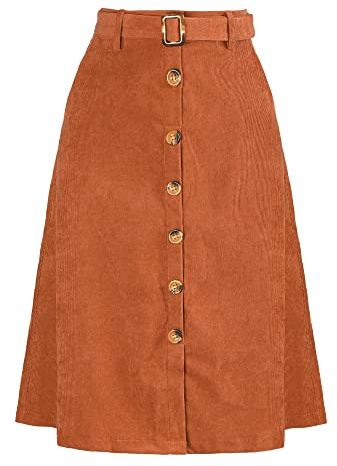 Allegra K Jupe midi taille haute pour femme - Jupe trapèze en velours côtelé avec ceinture sur le devant, caramel, 52