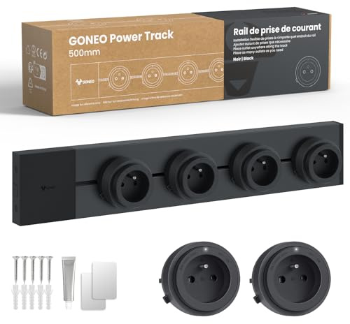 GONEO Multiprise Murale sur Rail 50cm, modulaire et Extra Plate, 4 adaptateurs Amovibles, Prise électrique Multiple en saillie, 2P+T, 16A 3680W, pour Cuisine, Salon, îlot Central et Bureau