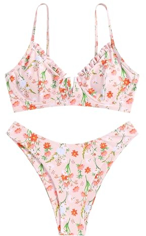 ZAFUL Women's Underwire Bikini Floral High Cut Bikini Set V-Wired Two Piece Swimsuit Bathing Suit(1-Pink, L)