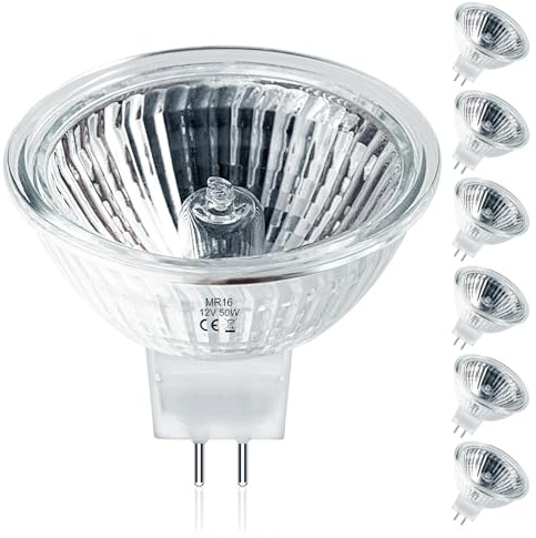 Jaenmsa MR16 Halogen Bulbs 50W,6 Pack 12V 50W MR16 Light Halogen Bulbs 2 Pin GU5.3 Base Dimmable with Clear Glass Cover,High Output 2700K Warm White mr16 Light Bulb for Landscape Lights, Track Lights