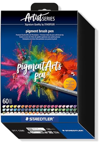Staedtler Brush pen Pigment Arts, cartuccia da disegno, punta a pennello per larghezza variabile, impermeabile, ad asciugatura rapida, 60 penne, colori assortiti, in astuccio di cartone, 371 C60
