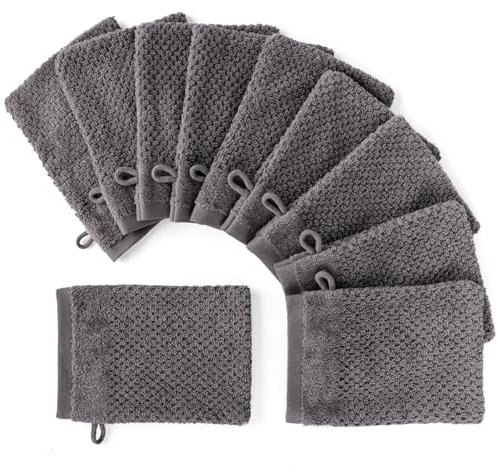 Pure Label 10-TLG. Waschhandschuh Set 16x21cm mit Anhängeschlaufe aus 100% Baumwolle, saugstark, weich und Oeko-TEX Zertifiziert - 10 Waschlappen aus Baumwolle, Anthrazit - Grau