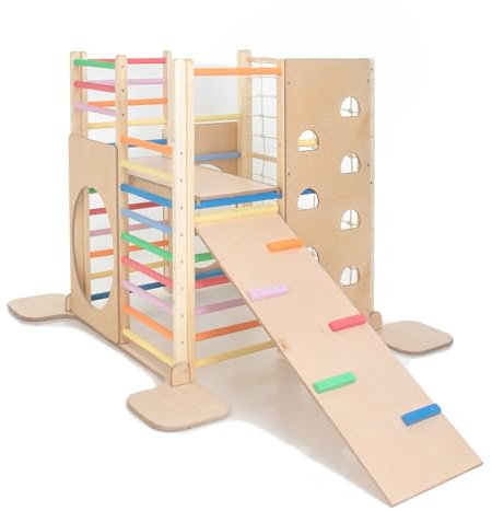 HomeForDreams Torre da arrampicata quadrata ispirata ai Montessori in legno: parco giochi pieghevole al coperto con accessori (arcobaleno, con bordo interno e tavola da arrampicata)