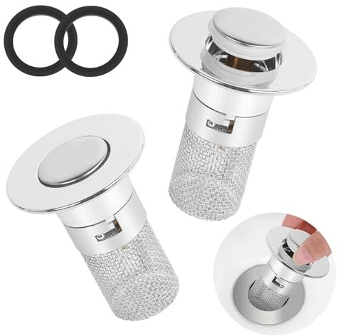 2 Stück Waschbeckenstöpsel, Abflussstopfen Waschbecken, Universal Waschbecken Stöpsel, Stöpsel mit Sieb für Waschbecken, Bodenablauf Filter aus Edelstahl, Pop Up Ablaufventil für 34-40mm Abflussloch