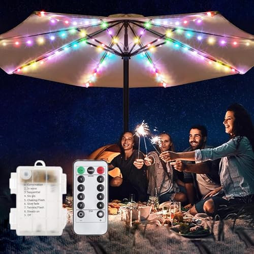 Sonnenschirm Lichterkette,KINGCOO 104LED Regenschirm Hängende Lichter Außen und Innen Dekoleuchte Beleuchtung Lichtbänder mit Fernbedienung Timer Batteriebetrieben für Campingzelte Garten(Mehrfarbig)