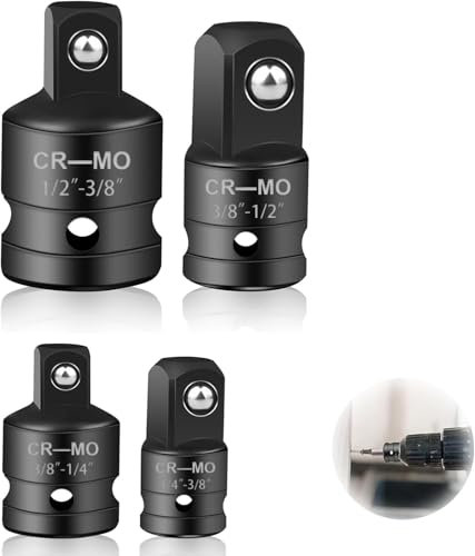 4-Piece Impact Socket Adapter Set - 1/2 to 3/8 | 1/4 to 3/8 | 3/8 to 1/4 | 3/8 to 1/2,Universal Joint Extension for Drill, Ratchet & Impact Driver - Durable